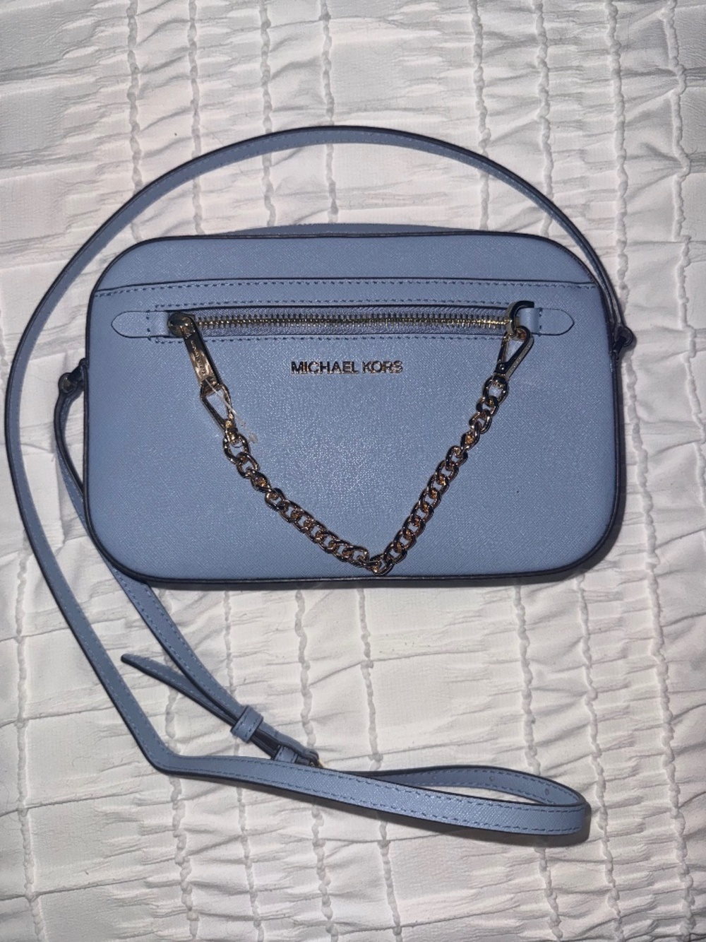Michael Kors Light Blue Saffiano Leather Crossbody Bag Gold Hardware